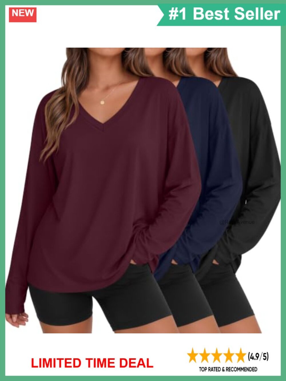 3 Pack Womens Oversized Long Sleeve V Neck Cotton Shirts